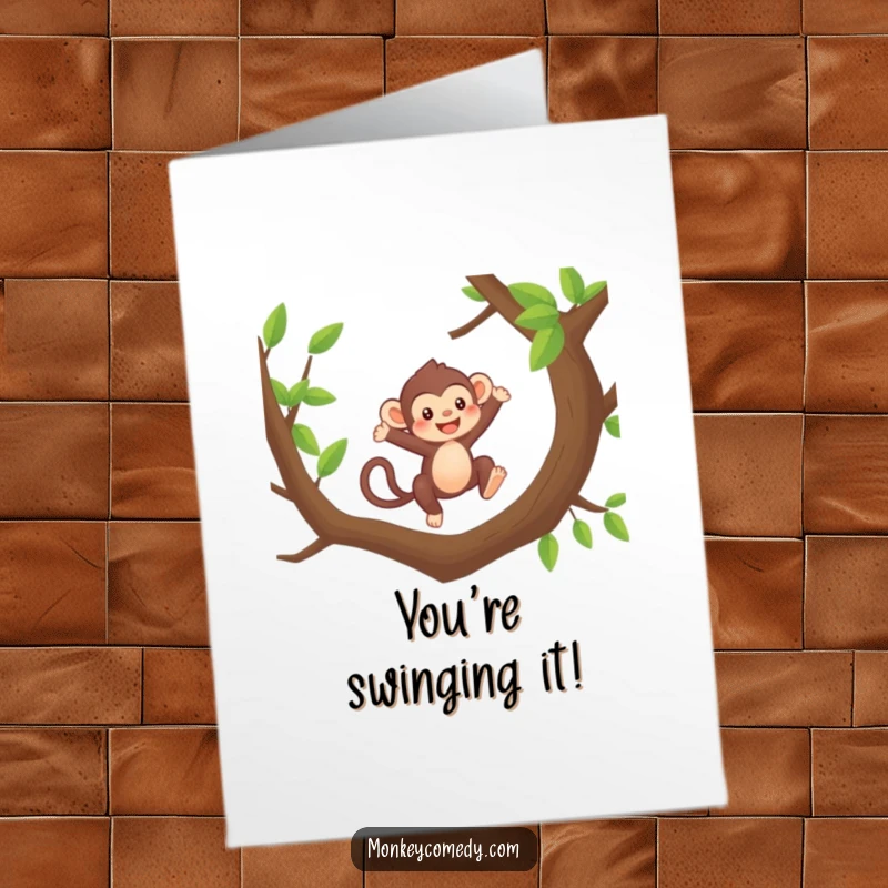 Funny Free Printable Kawaii Monkey Congratulations Card: An energetic monkey leaps between branches in celebration.