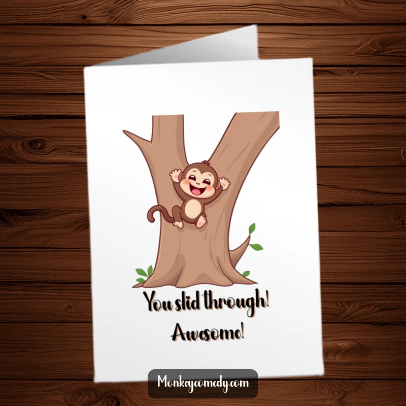 Free printable congratulations card with a gleeful monkey sliding down a tree trunk, celebrating their amazing accomplishment.