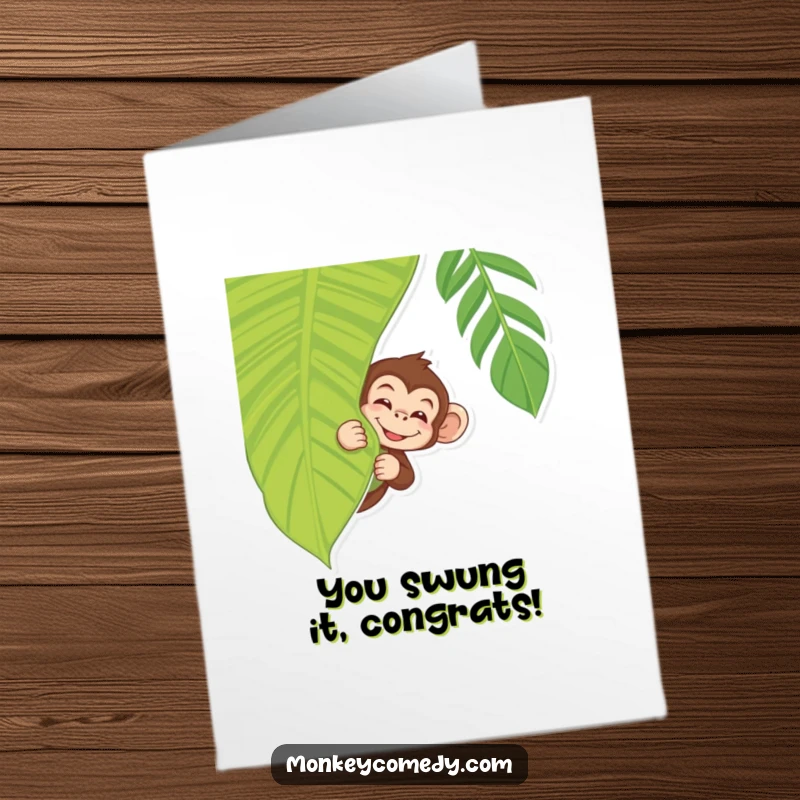 Funny Free Printable Congratulations Card: Monkey peeking from jungle leaf, winking playfully, celebrating success with mischief, downloadable.