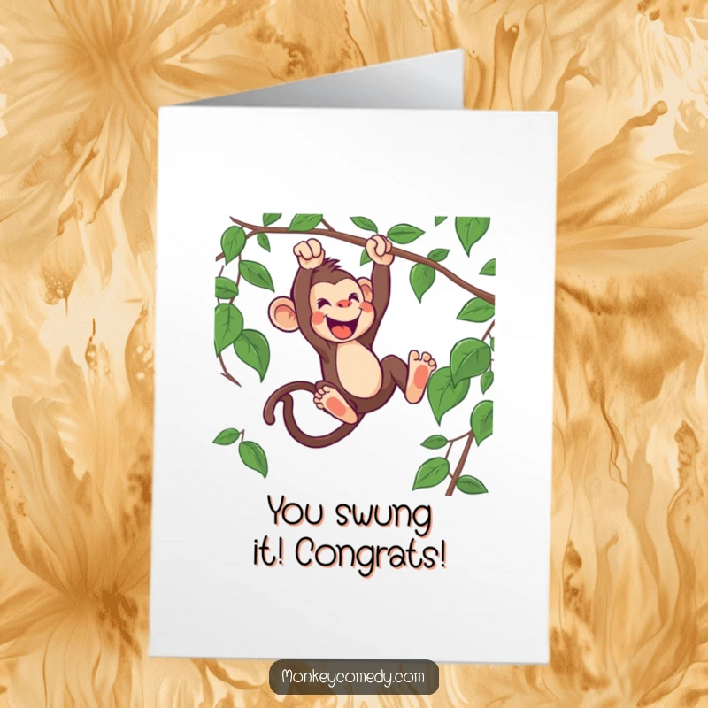 Free printable congratulations card with an excited monkey swinging energetically from a vine, celebrating their achievement.