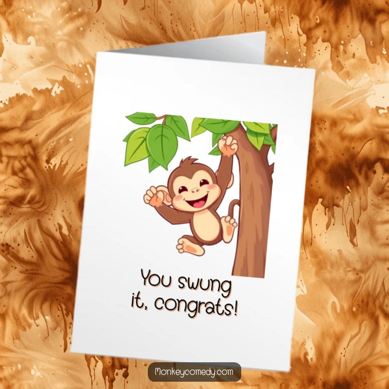 Funny Free Printable Congratulations Card: A cute monkey with a big cheeky grin, swinging energetically from a vine.
