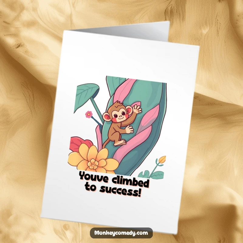 Funny Free Printable Congratulations Card showing a delighted Kawaii monkey ascending a massive, colorful plant, celebrating achievement with humor.