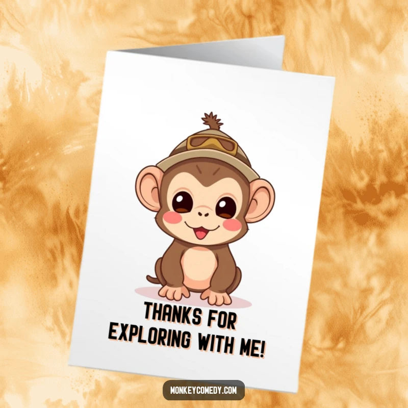Funny Free Printable Thank You Card: A kawaii monkey explorer wearing a hat, looking thrilled about something exciting, ideal for a quirky DIY thank you.