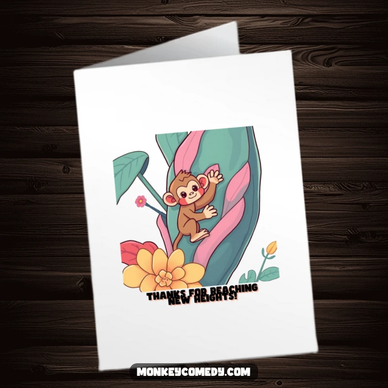 Funny Free Printable Thank You Card with a cheerful Kawaii monkey reaching new heights on a giant, colorful plant, expressing thanks.