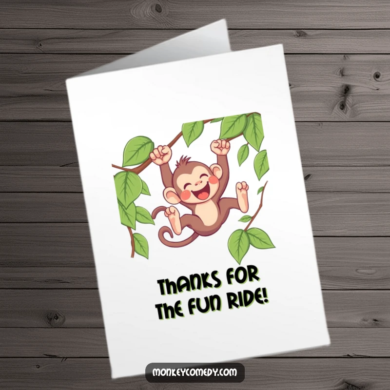 Funny Free Printable Thank You Card depicting a happy Kawaii monkey sliding down a vine, expressing gratitude with laughter.