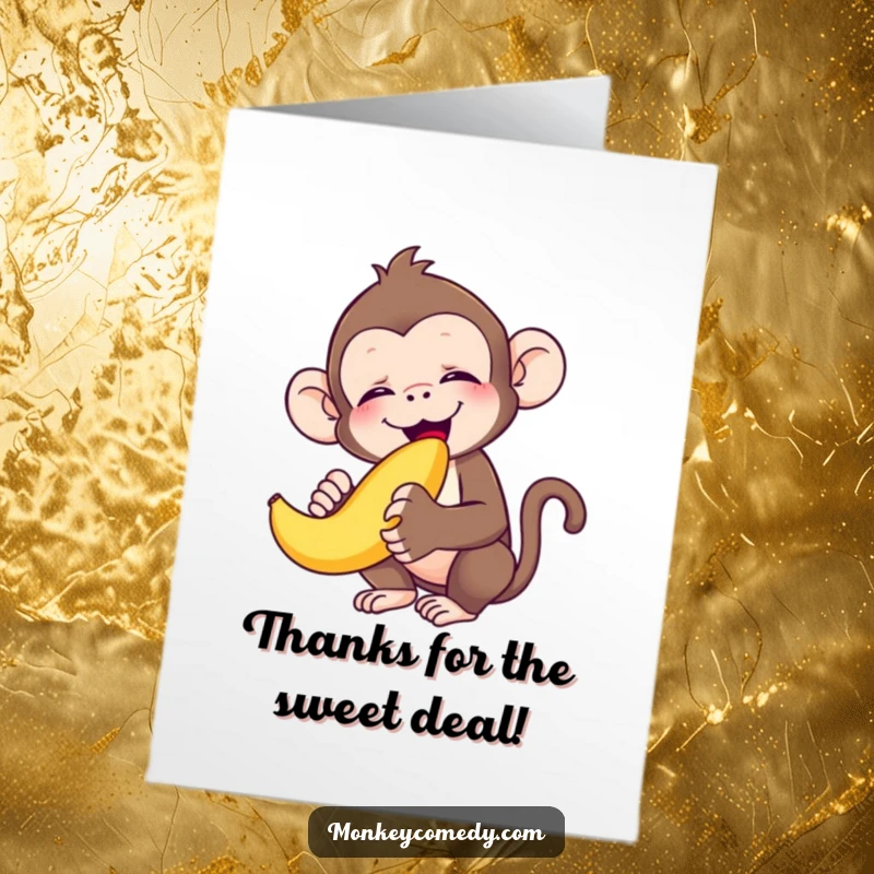 Funny Free Printable Thank You Card: A monkey blissfully eats a banana, eyes shut in delight. A humorous, downloadable show of gratitude.