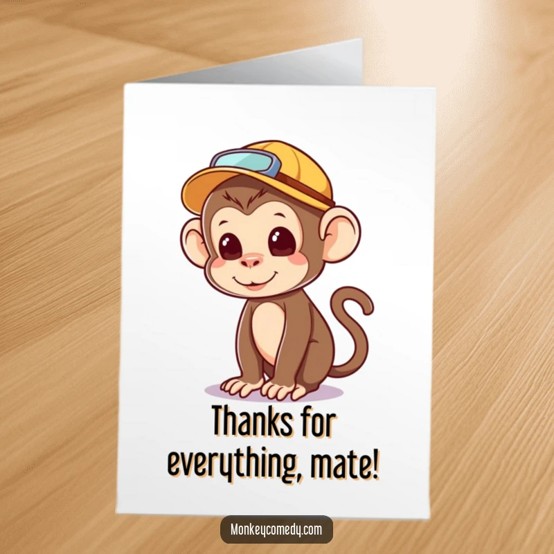 Funny Free Printable Thank You Card: a cute kawaii monkey in an explorer hat, looking around with wonder.