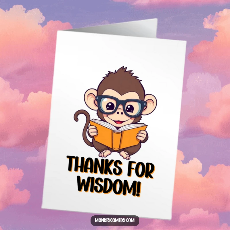 Funny Free Printable Thank You Card: Humorous monkey with glasses, thanking you by reading a tiny book.