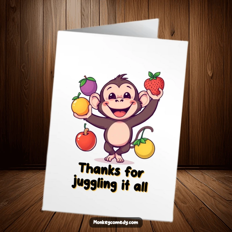 Funny free printable thank you card showing a happy monkey with a broad smile, juggling colorful fruits as a token of gratitude.