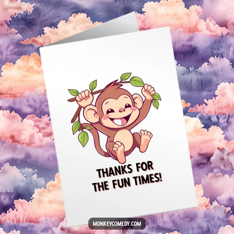 Funny Free Printable Thank You Card: A happy kawaii monkey with a wide grin, swinging on a vine to express thanks.