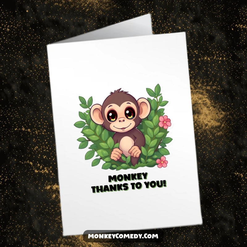 Funny Free Printable Thank You Card: A monkey with wide eyes peeks curiously from behind a bush.