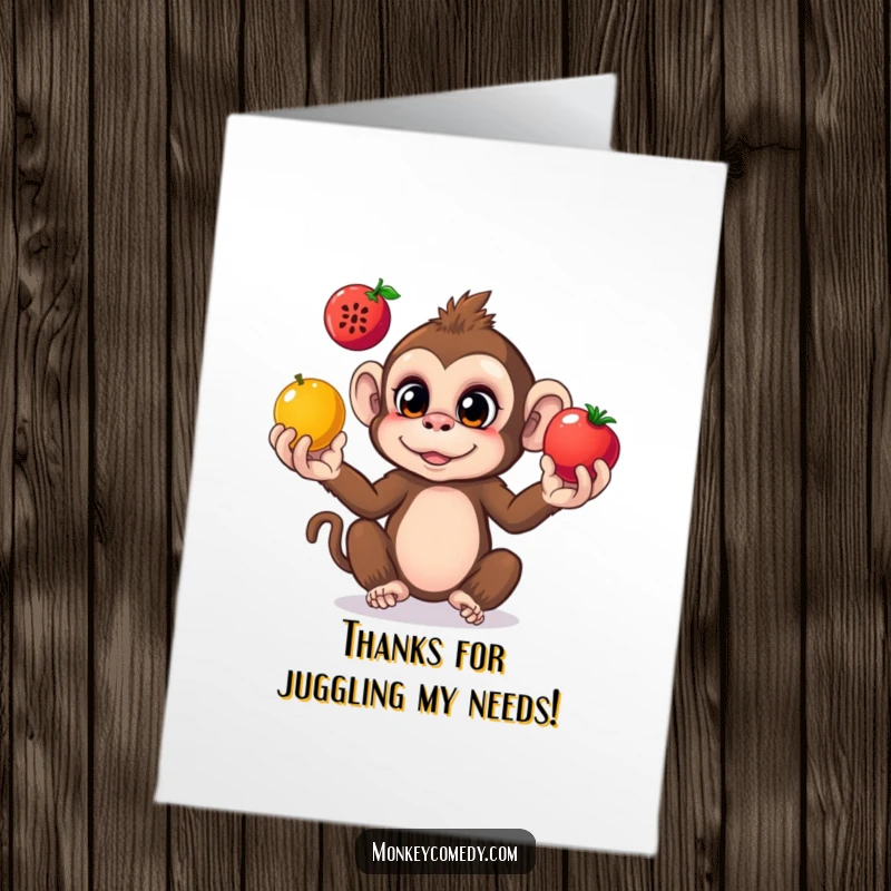 Funny Free Printable Thank You Card of a curious monkey juggling three vividly colored fruits with a playful expression.