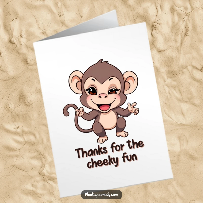 Funny Free Printable Thank You Card: Monkey teasing with a mischievous wink, conveying thanks playfully. Downloadable, print at home.