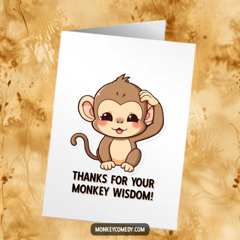 Funny Free Printable Thank You Card with a kawaii monkey sporting a silly expression and scratching its head.