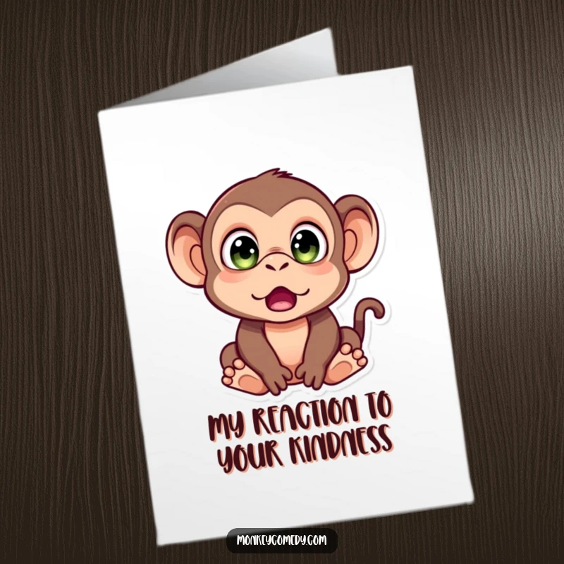 Funny free printable thank you card featuring a monkey with comically large, surprised eyes, expressing unexpected gratitude.