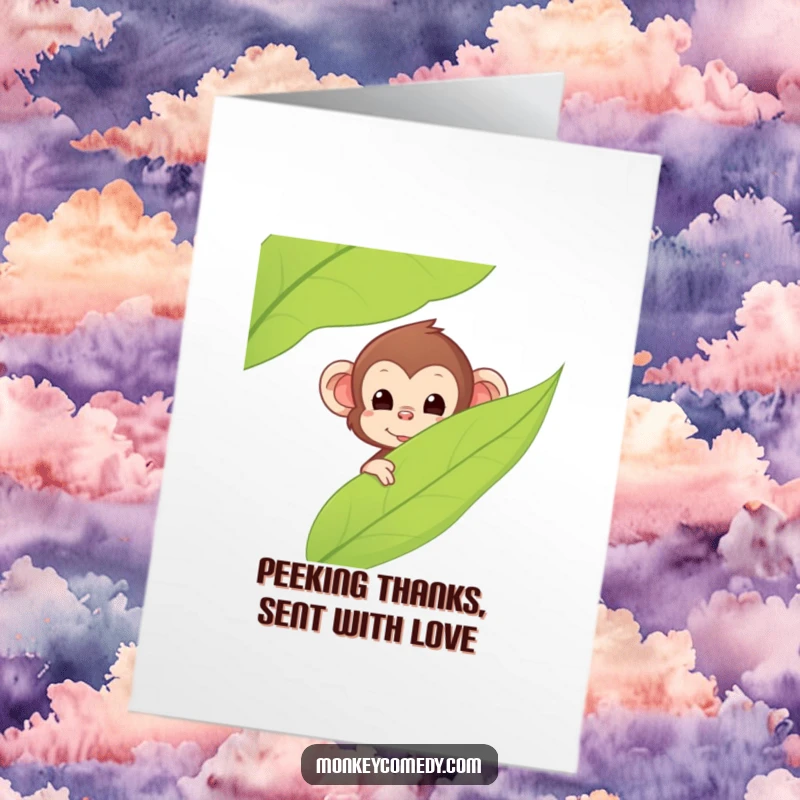 Funny Free Printable Thank You Card: Kawaii monkey peeking with a grin from behind a large leaf, showing gratitude.