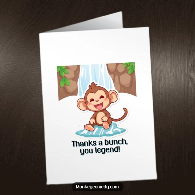 Funny free printable thank you card: cheerful monkey enjoying a thrilling waterfall slide, conveying exciting gratitude.