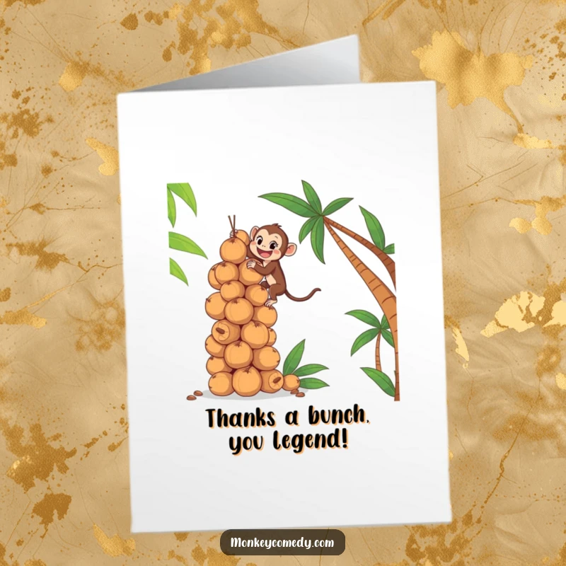 Funny Free Printable Thank You Card: A monkey excitedly climbing a tall stack of coconuts, symbolizing a mountain of gratitude.