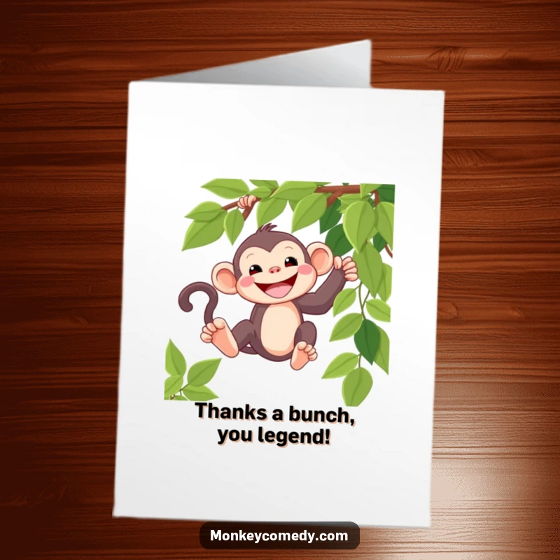 Funny Free Printable Thank You Card: a cute kawaii monkey with a big grin, swinging on a vine.