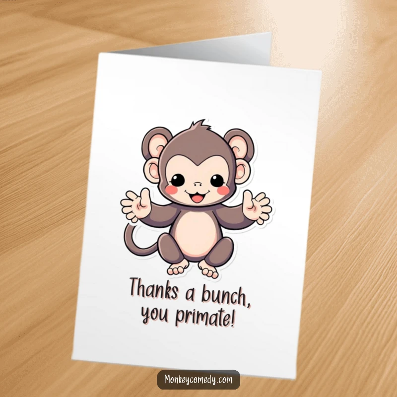 Funny Free Printable Thank You Card: Adorable Kawaii monkey spreading its arms wide for a cheerful, grateful embrace.