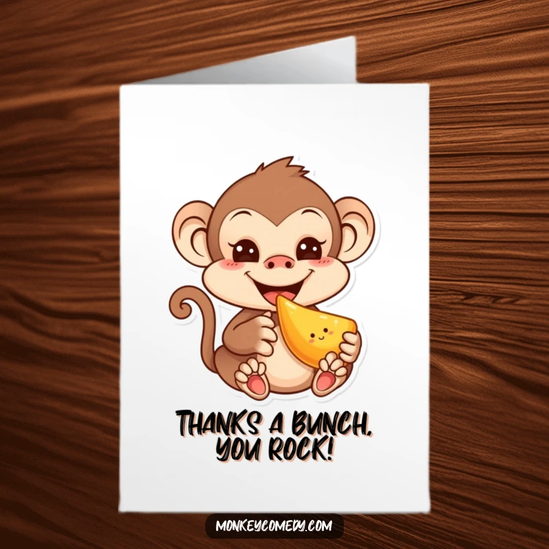 Funny free printable thank you card: A very cute kawaii monkey with a cheeky grin enjoys eating a bright, juicy piece of fruit.