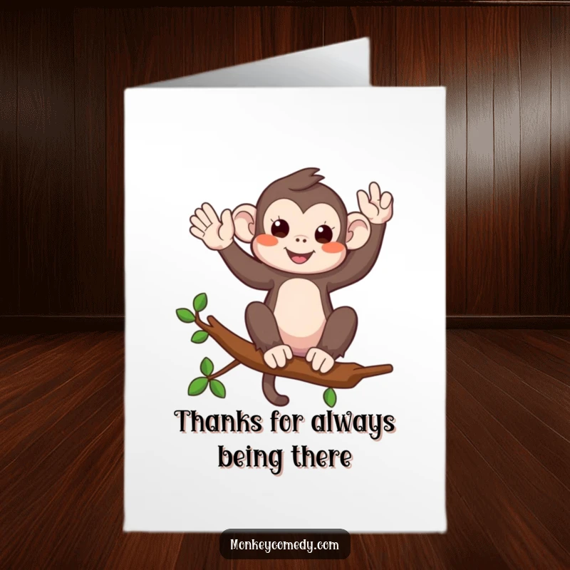 Funny Free Printable Thank You Card: Monkey perched on a branch, waving playfully to say thanks. Downloadable, print at home.
