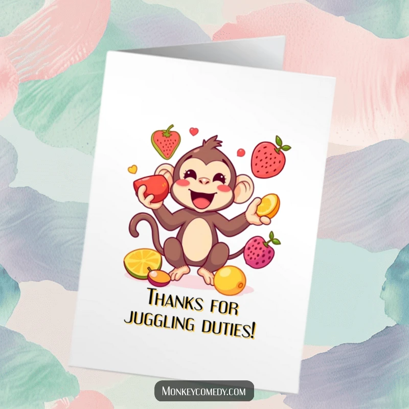 Funny Free Printable Thank You Card: A cheerful kawaii monkey playfully juggling an assortment of colorful fruits to express thanks.