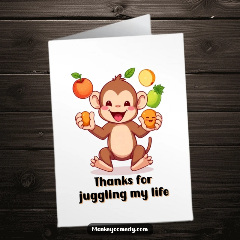 Funny Free Printable Thank You Card: A cheerful monkey expertly juggles three colorful fruits, conveying heartfelt thanks.