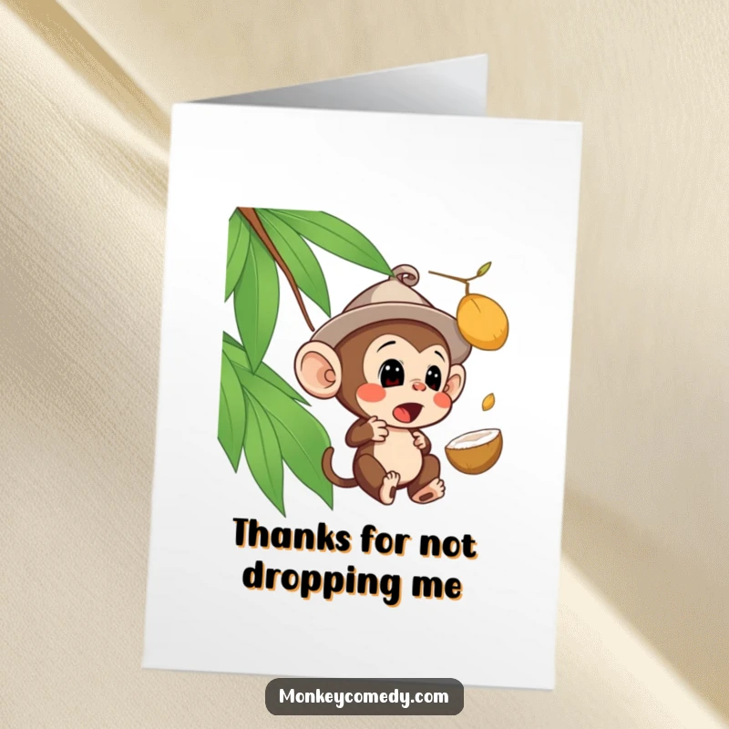 Funny Free Printable Thank You Card of a hat-wearing monkey surprised by a falling coconut, a delightful DIY gift.