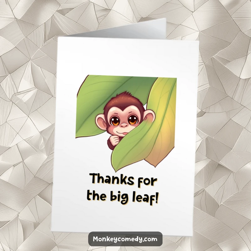 Funny Free Printable Thank You Card: A small monkey with curious eyes, peeking playfully from behind a large, colorful leaf.