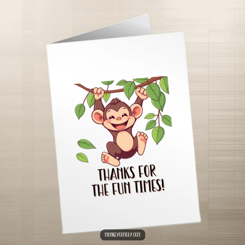 Funny Free Printable Thank You Card: Playful monkey swinging from a vine with a big grin, expressing thanks with jungle cheer.