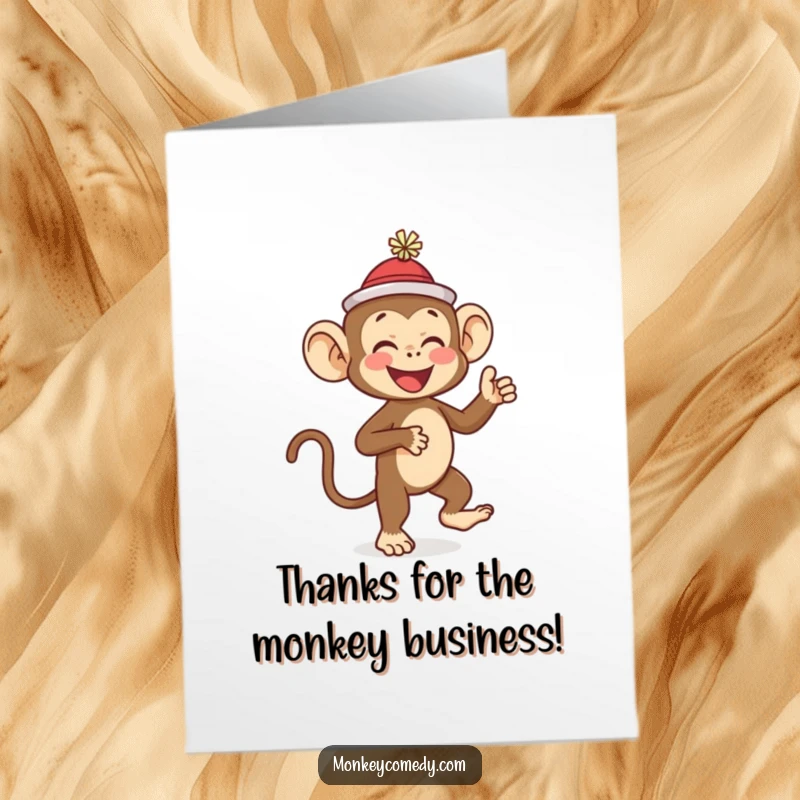 Funny Free Printable Thank You Card: A happy monkey wearing a hat dances ecstatically. A hilarious, downloadable token of appreciation.