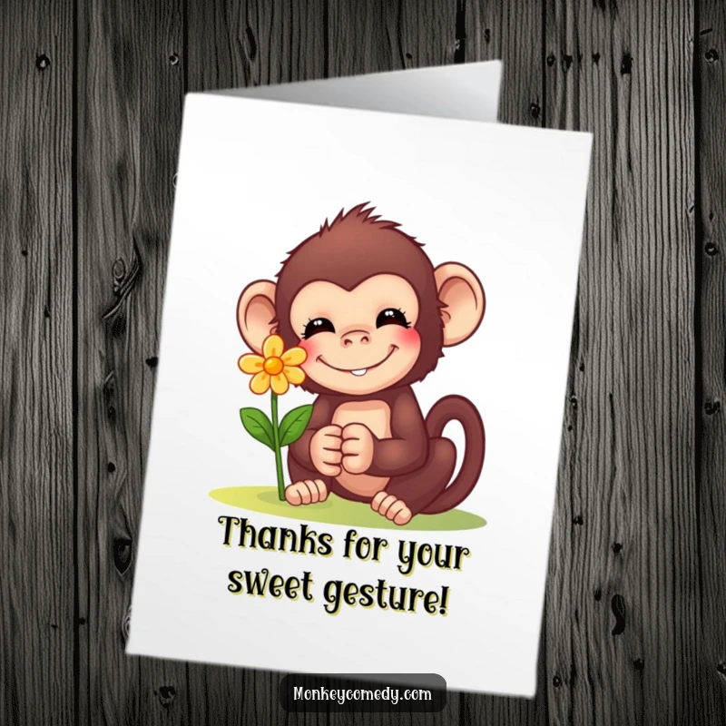 Funny Free Printable Thank You Card: A cheerful monkey holds out a tiny, bright flower with a heartwarming smile, a lovely thank you.