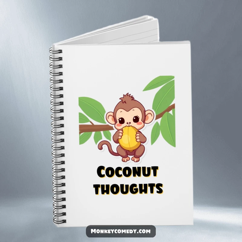 Curious Kawaii Monkey Notebook with a monkey holding a coconut, perfect for note-taking and creative writing.