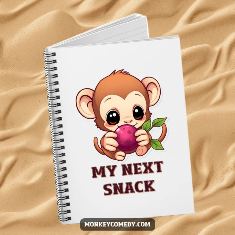 Eager Kawaii Monkey Notebook with a monkey reaching for a berry, perfect for note-taking.