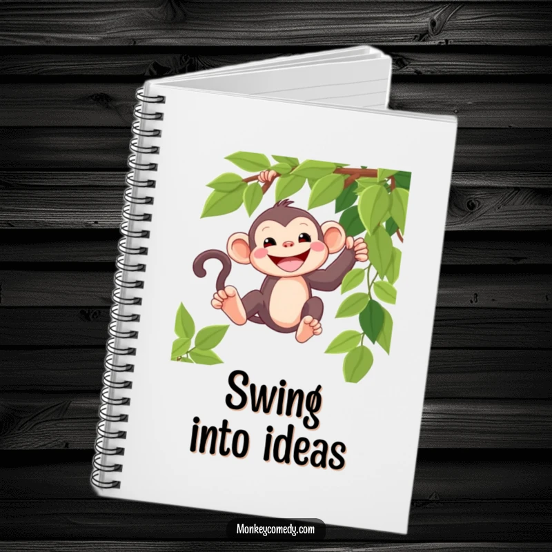 Funny kawaii monkey notebook, wide grin, swinging on a vine, perfect for notes, humorous stationery.