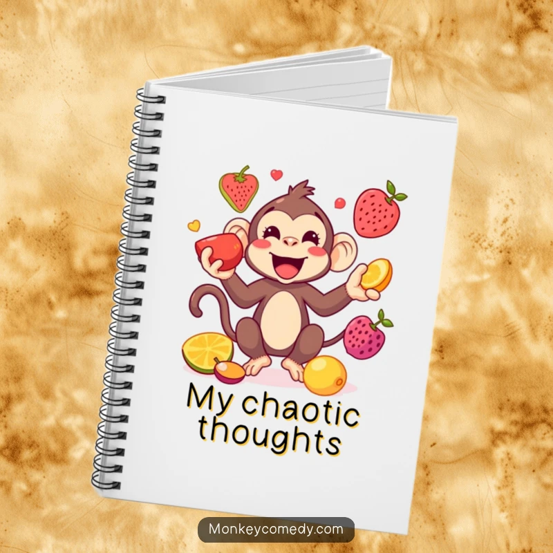 Funny Kawaii Monkey Juggling Notebook: A kawaii monkey juggles colorful fruits, making this notebook perfect for capturing ideas with a playful touch.