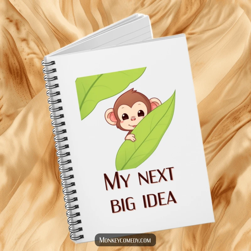Funny Kawaii Monkey Notebook, cover art displays a monkey peeking from behind a leaf, ideal for journaling and note-taking, inspiring funny gift.