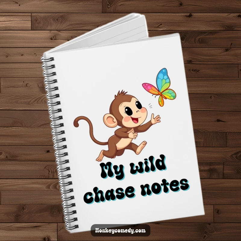 Funny Monkey Chasing Butterfly Notebook: Features an excited monkey chasing a butterfly, great for jotting notes with a touch of playful jungle energy.
