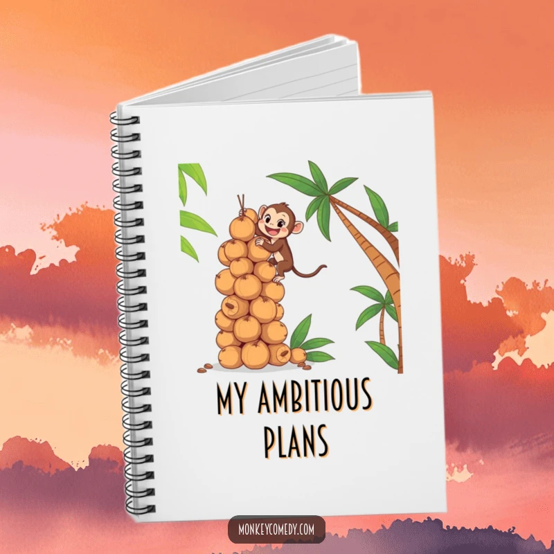 Funny notebook illustrating an excited monkey climbing a high stack of coconuts, encouraging ambitious note-taking.