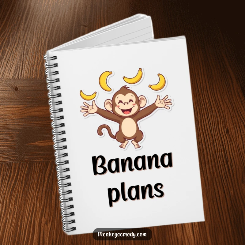 Funny monkey notebook cover featuring a playful character with outstretched arms, enthusiastically juggling bananas, ideal for notes and sketches.