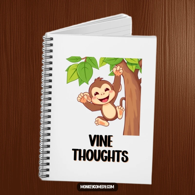 Funny monkey notebook cover featuring a cute character with a wide, cheeky grin, swinging from a vine, ideal for notes and sketches.