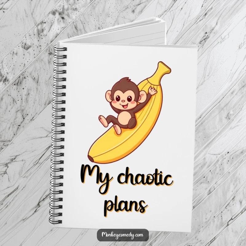 Funny monkey sliding down a banana peel, writing in a notebook, perfect for ideas and gifts.