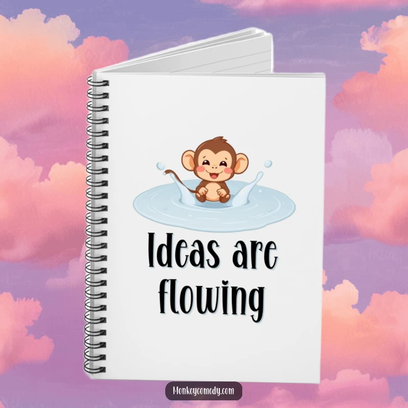 Funny monkey puddle splash notebook, featuring a primate joyfully splashing, designed for capturing playful ideas and doodles.