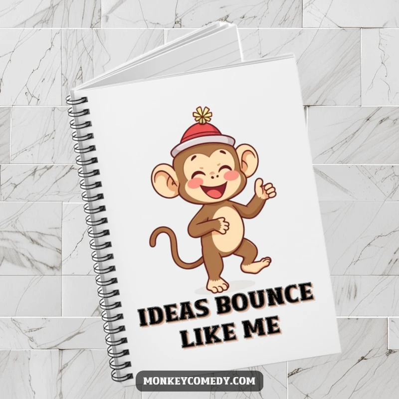 Funny monkey wearing a tiny hat, giggling and dancing, designed for a fun and funny notebook, perfect for gifting.