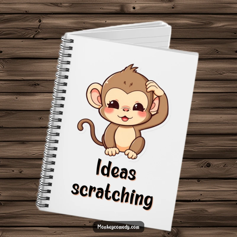 Funny Kawaii Monkey Notebook with a cute monkey making a silly expression and scratching its head, for jotting down thoughtful ideas.