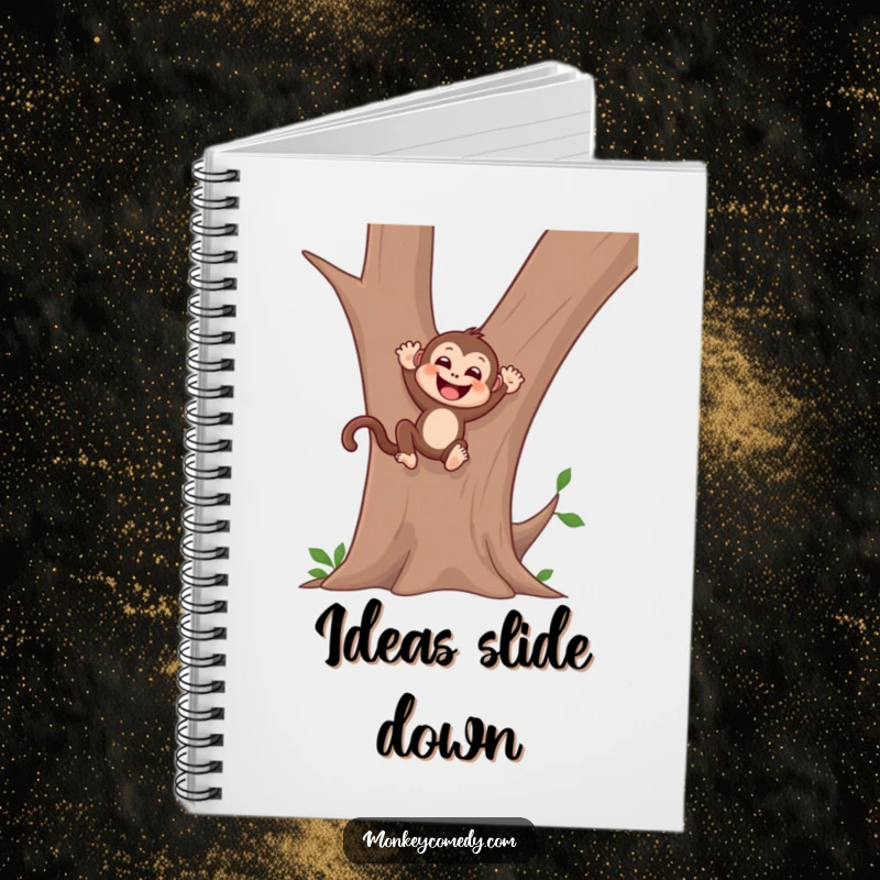Funny monkey notebook design showing a gleeful monkey sliding down a tree trunk, perfect for capturing happy thoughts and ideas.