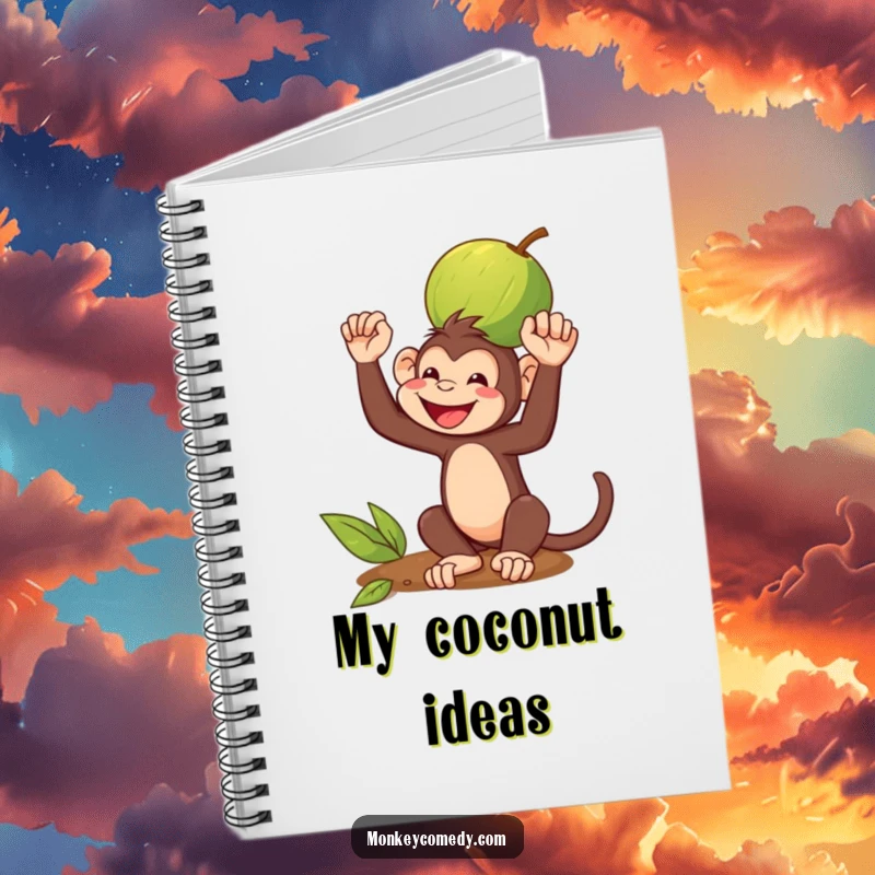 Funny Notebook: A monkey grins while balancing a coconut on its head, a humorous image for notes and plans.
