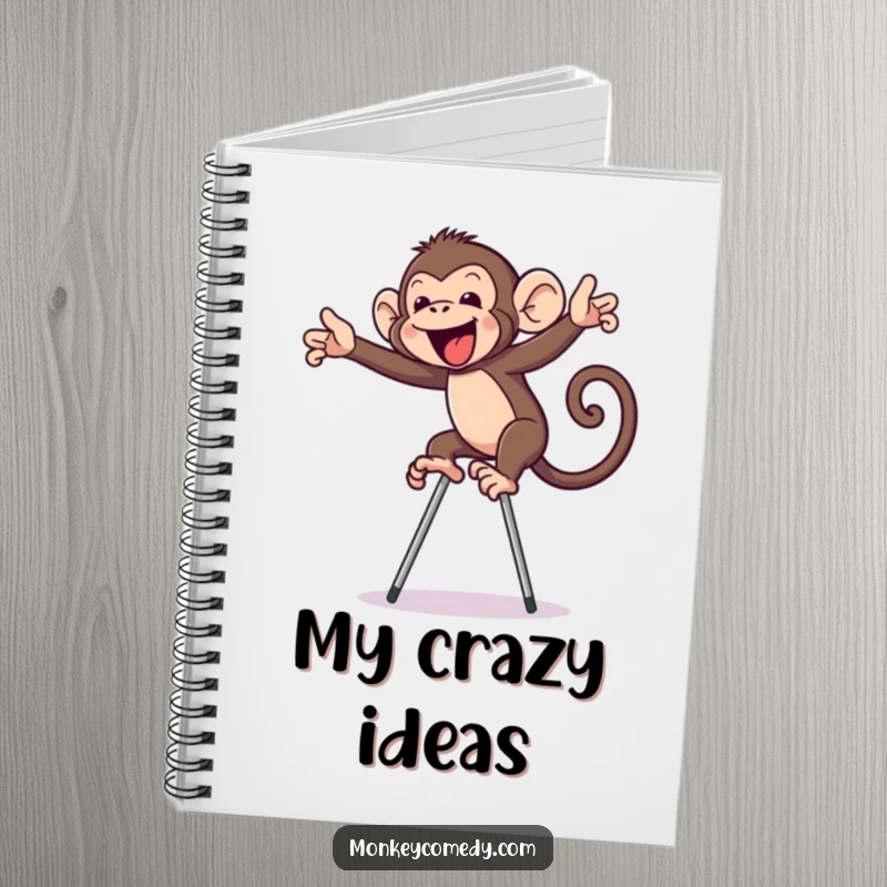 Funny monkey on stilts notebook, featuring a primate precariously balancing, designed for jotting down witty thoughts and funny musings.