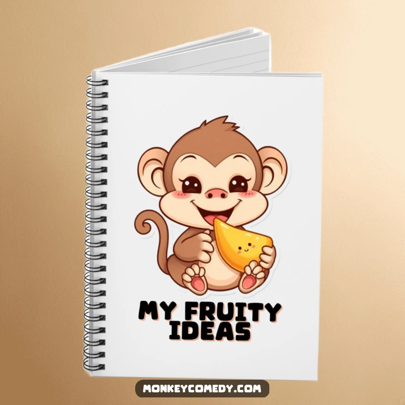 Funny spiral notebook featuring a mischievous kawaii monkey with a grin, eating fruit, perfect for notes and drawings.
